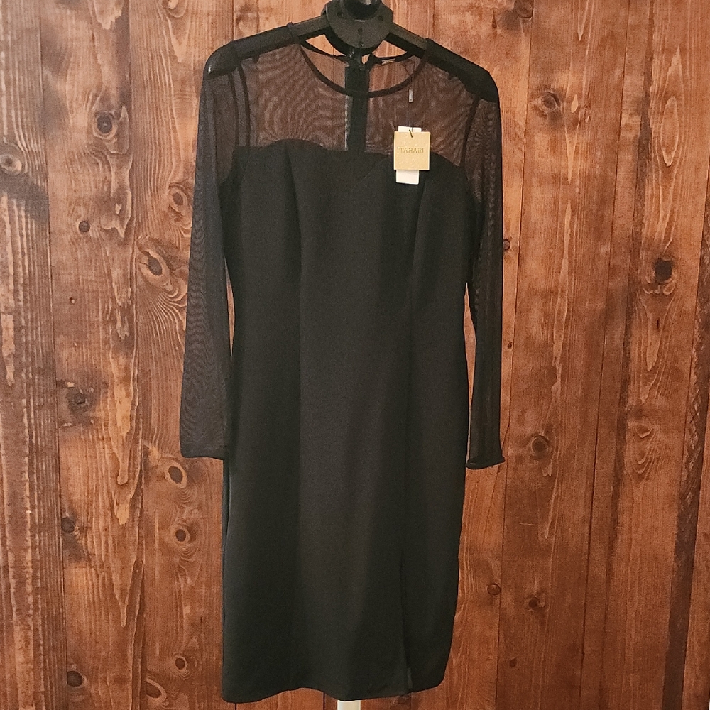 Tahari Elegant Black Sheer Long Sleeve Dress